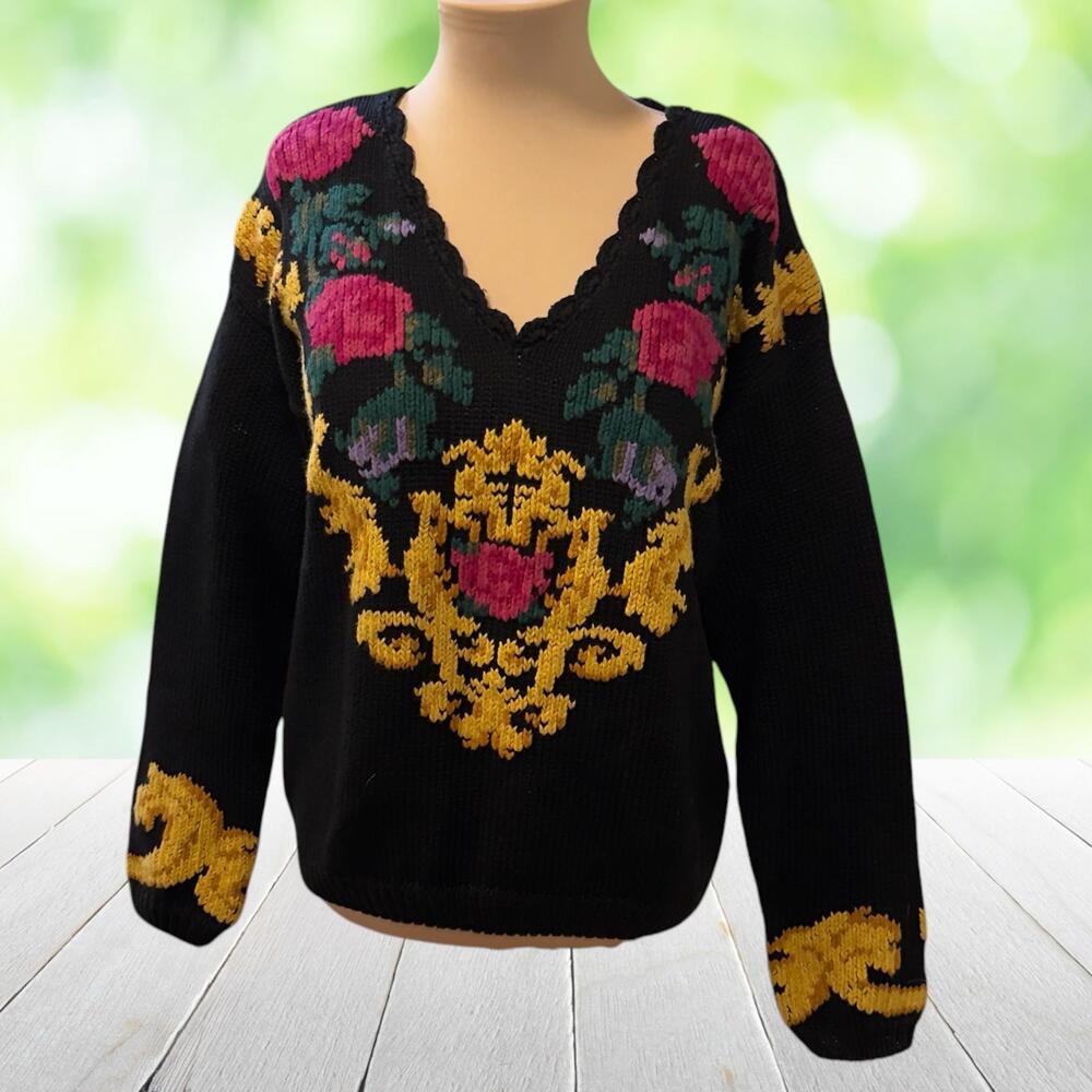 Vintage Statement Sweater Baroque Floral Scroll Intarsia Chunky Knit Black Sz M - Picture 10 of 10